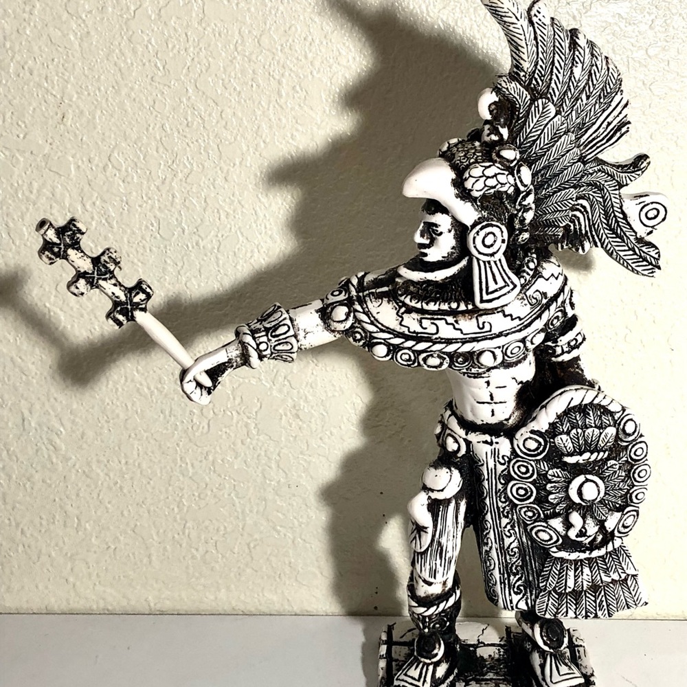 Intricate White and Black Aztec Eagle Warrior Statue Stained